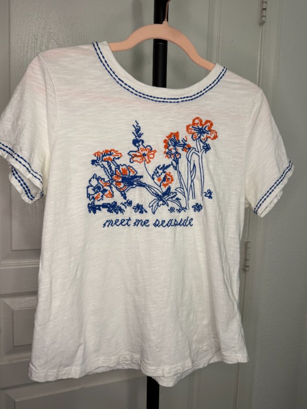 Pilcro/Anthropologie "Meet Me Seaside" Embroidered Tee – M- White/Blue- MSRP $68 - Picture 10 of 16